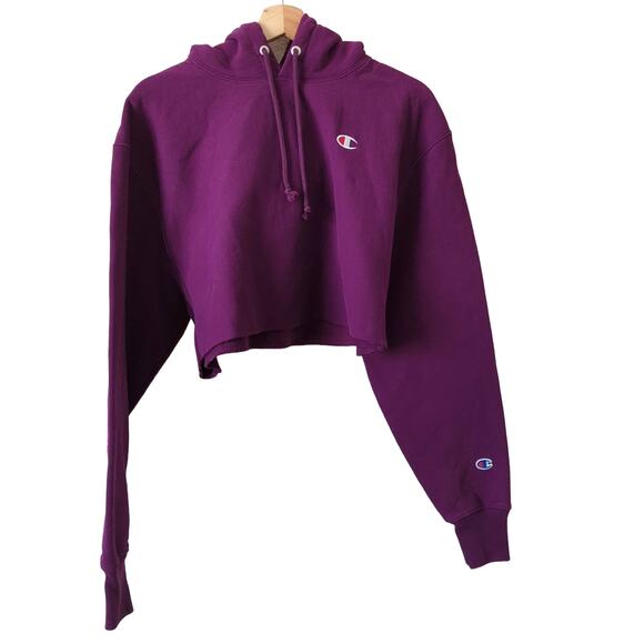 Champion Crop Hoodie Sweatshirt Medium Reverse Weave Purple Cut Off Cropped - Picture 2 of 8